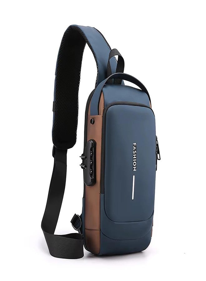 AB SALES Men's Waterproof Shoulder Bag with USB Charging Port, Anti-Theft Sling Backpack, Reflective Strip, Multi-Pocket Crossbody for Tablet, Travel, Outdoor, Business (Blue & Golden) - Image 1